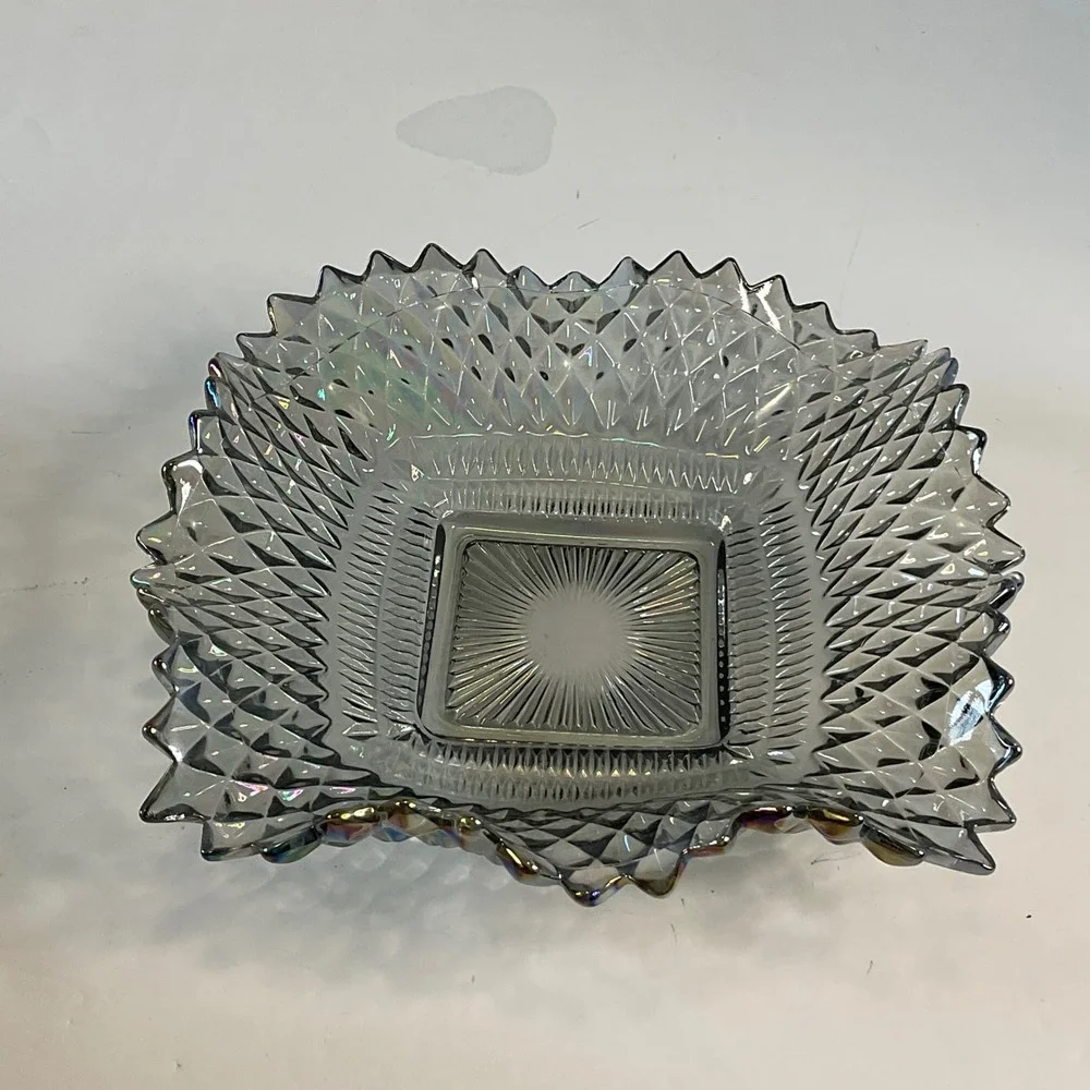 Indiana Glass Diamond Point Iridescent Carnival Glass Square dish Smoke Gray 7.5